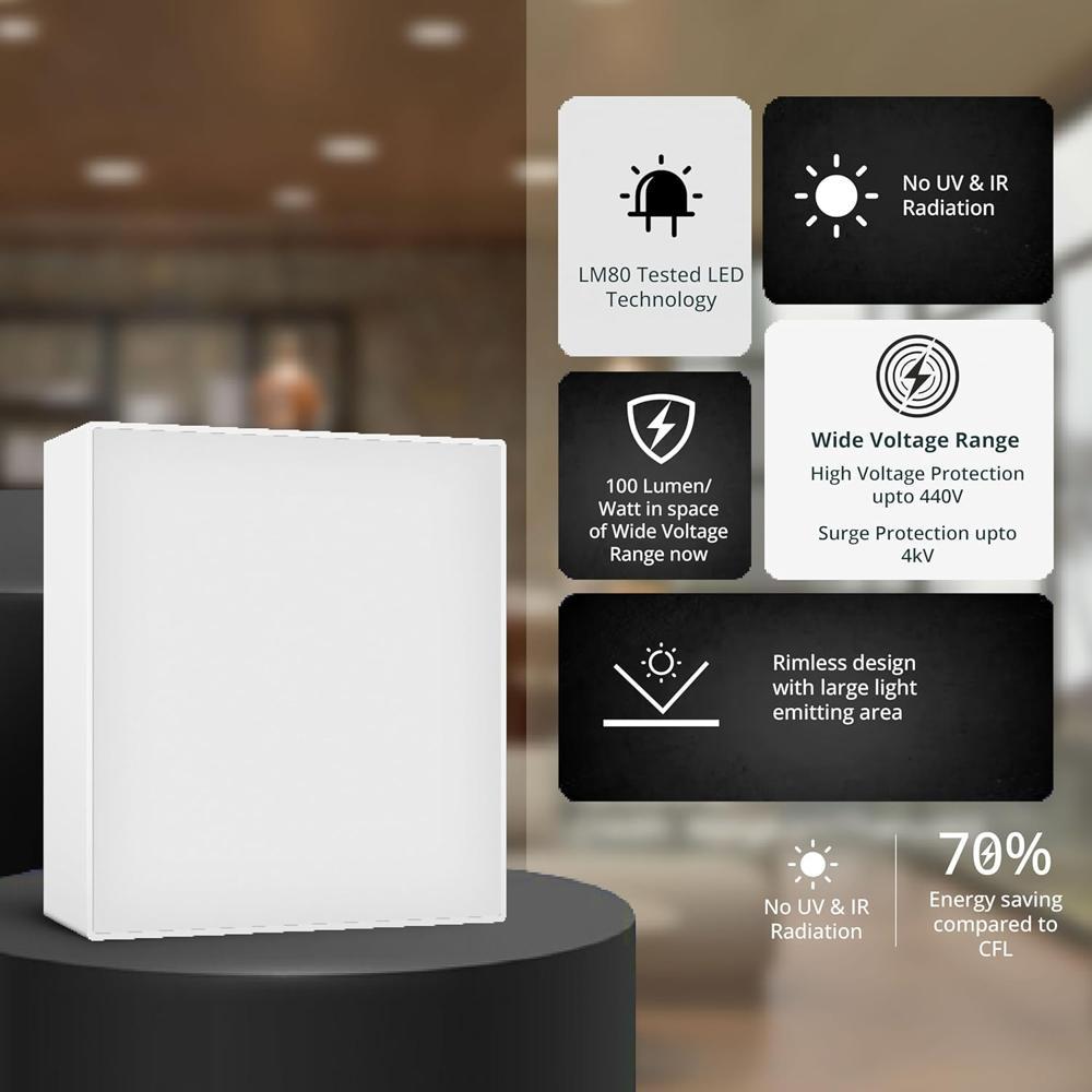 Polycarbonate Garnet 18W Rimless Square Led Surface Panel | Cool White Light (6500K) 