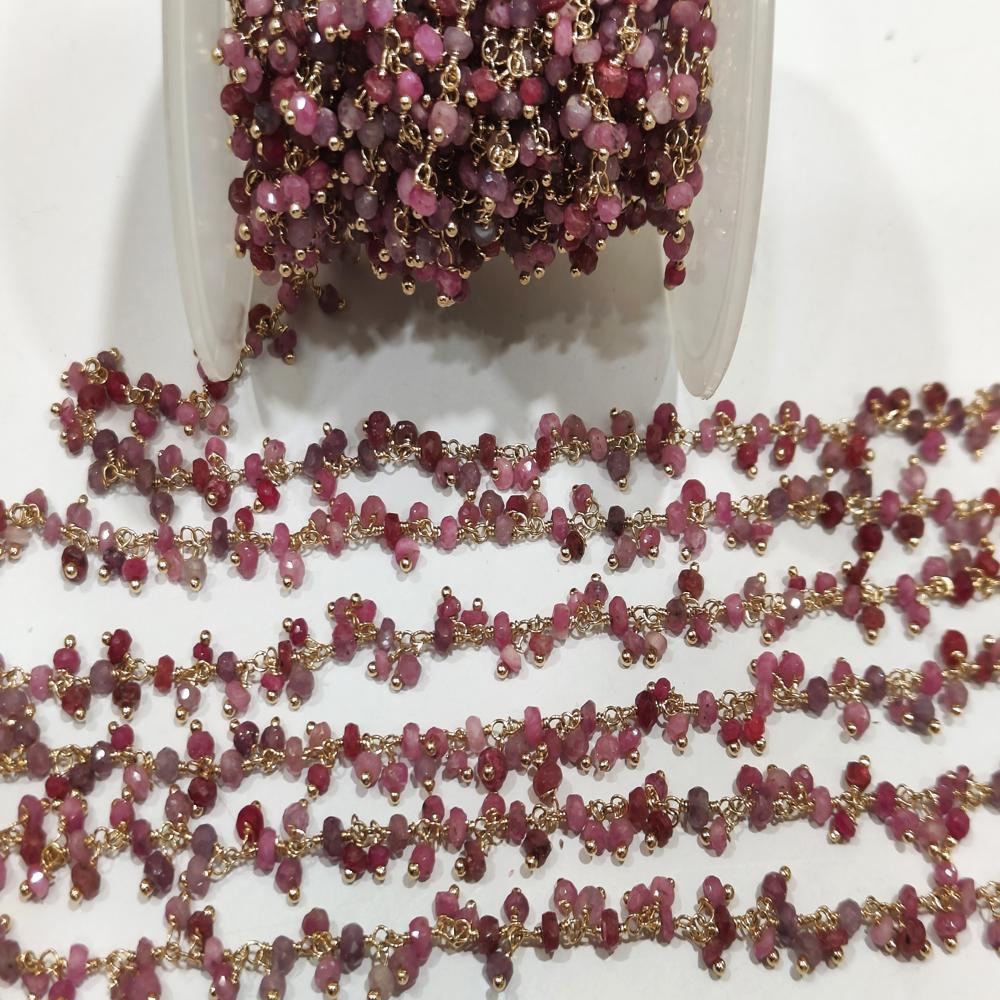 Natural Ruby Dangling Wire Wrapped Cluster 3mm Rondelle Faceted chain Sold Per Foot