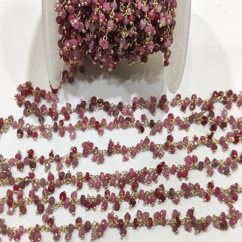 Natural Ruby Dangling Wire Wrapped Cluster 3mm Rondelle Faceted chain Sold Per Foot