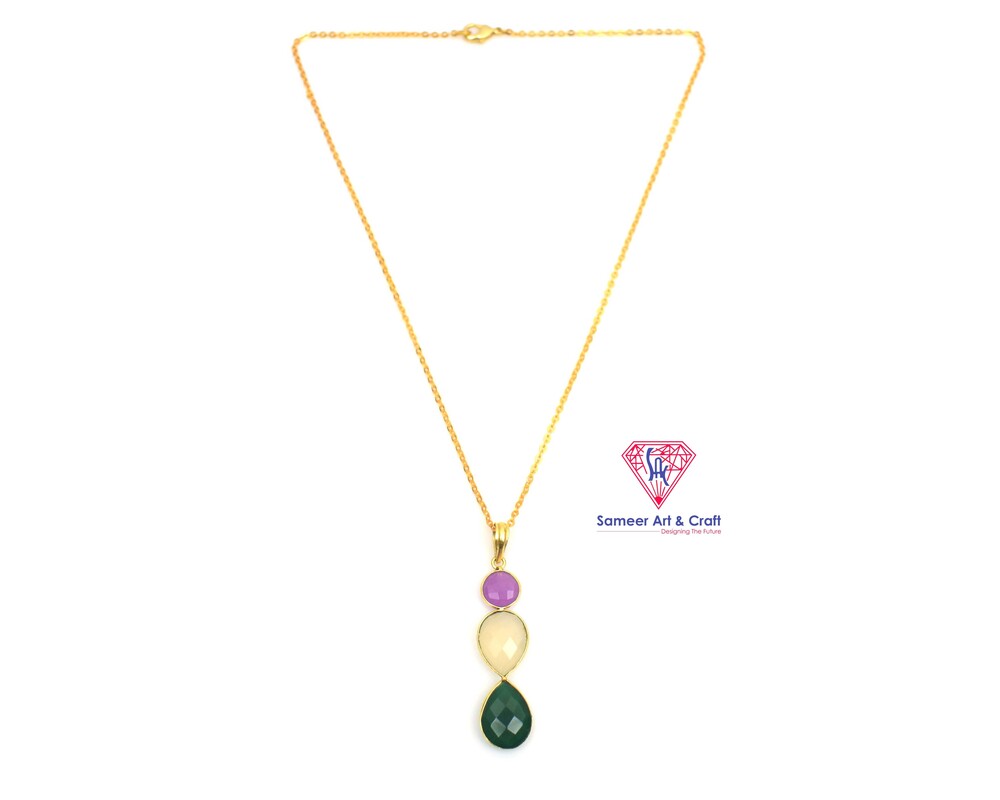 Brass With 18k Gold Plated Multi Gemstone Pendant Round & Pear Shape
