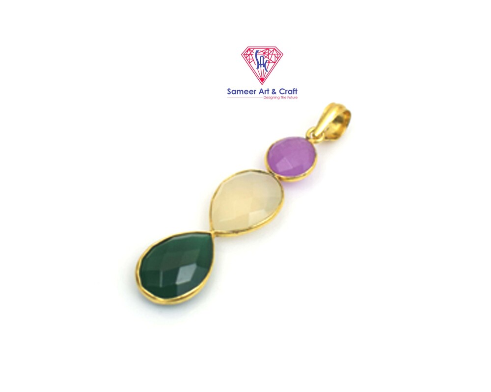 Brass With 18k Gold Plated Multi Gemstone Pendant Round & Pear Shape