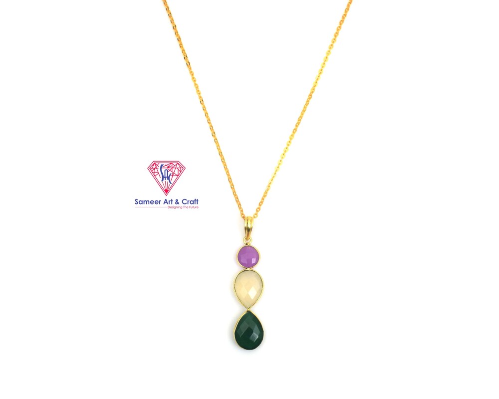 Brass With 18k Gold Plated Multi Gemstone Pendant Round & Pear Shape