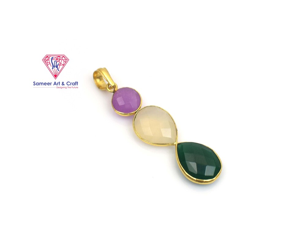 Brass With 18k Gold Plated Multi Gemstone Pendant Round & Pear Shape