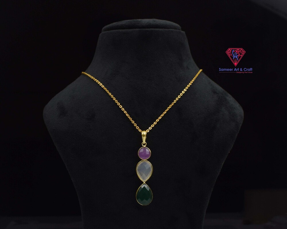 Brass With 18k Gold Plated Multi Gemstone Pendant Round & Pear Shape