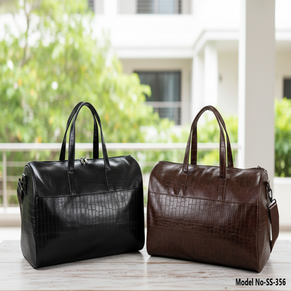 Vegan Leather Duffle Bag With Adjustable Shoulder Strap (Ss-356) - Color: Black & Brown