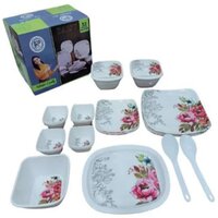 Dinner Set For Gifting Purpose (6 Full Plate, 6 Half Plate, 1 Rice Plate, 12 Bowl, 3 Donga, 2 Spoon) - Color: White With Multicolor Prints
