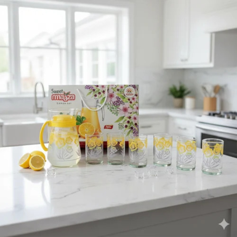 Glass Lemon Set for Gifting Purpose (6 Drinking Glasses and 1 Glass Jug) Sweet Maaza