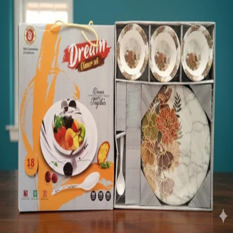 Melamine Dinner Set For Gifting Purpose - Color: White With Multicolor Print