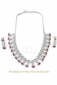 Premium Designer Cz Party Wear Necklace Set - Color: Silver