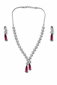 Red Stone Necklace Set - Color: Silver