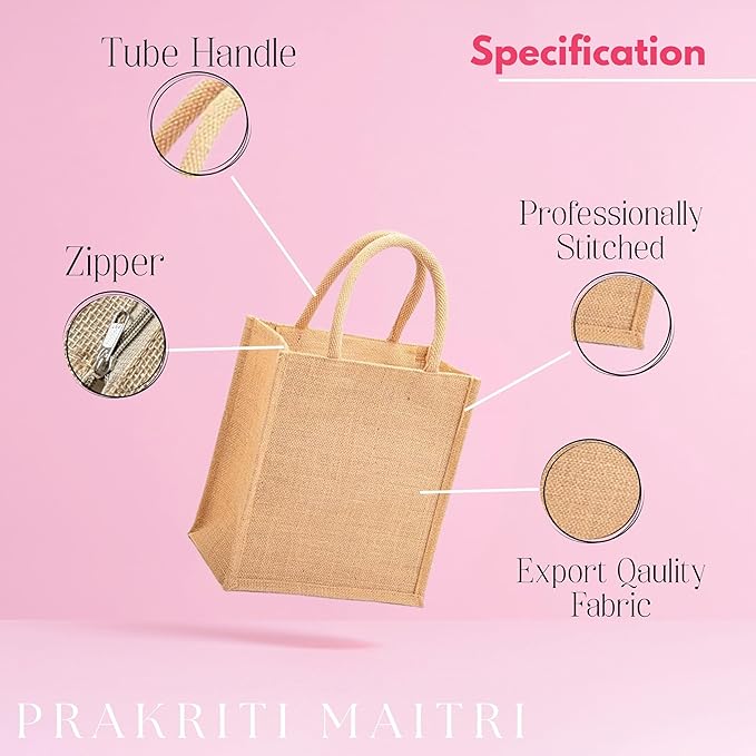 Natural Eco-friendly Reusable Jute Bags with Zipper (Small Size)