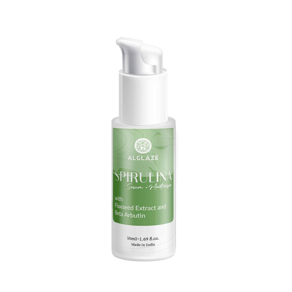 Alglaze Spirulina Serum+Moisturizer, जिसमें Spirulina Algae और Beta Arbutin है | असमान त्वचा टोन को सुधारता है और गहराई से नमीयुक्त रखता है | 50 ml