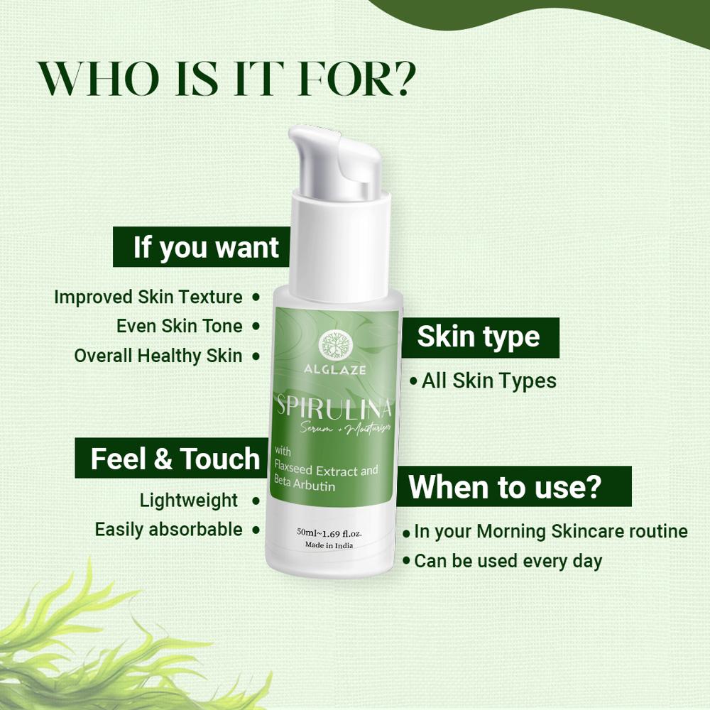 Alglaze Spirulina Serum+Moisturizer With Spirulina Algae & Beta Arbutin | Improves Uneven Skin Tone & Deeply moisturizes| 50 ml