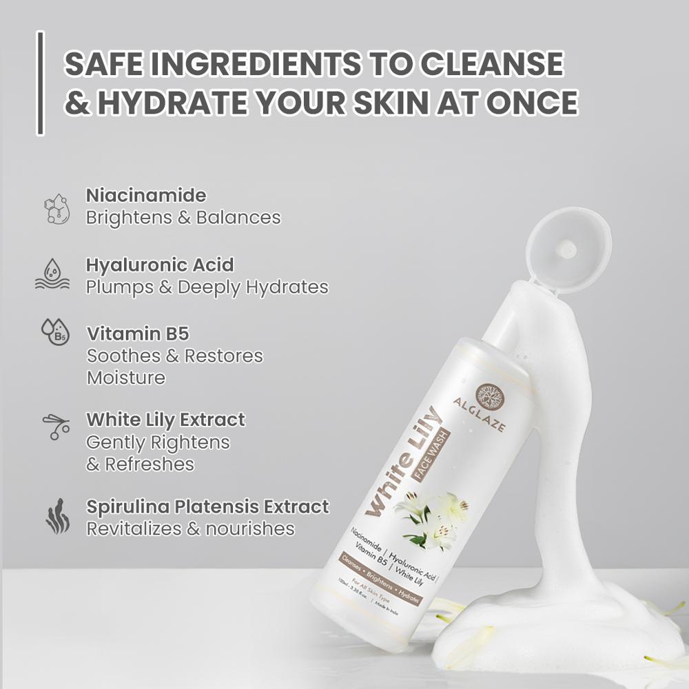 Alglaze White Lily Face Wash | Niacinamide, Hyaluronic Acid & Vitamin B5 | 100ml