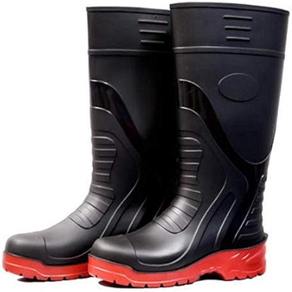 Safety Gumboots - Leather & Pvc, Size 8 | Green & Silver, Steel Toe, Slip-on Style, Full Comfort Sole, Soft Interior Texture