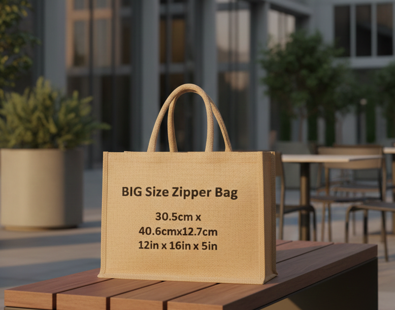 Natural Eco-friendly Reusable Jute Bags with Zipper (Large Size)