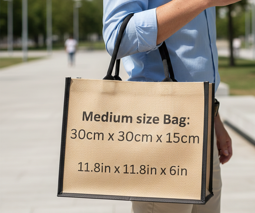 Premium Natural Jute Tote Bag With Black Border & Handles For Corporate Gifting (Medium Size) - Dimension (L*W*H): 35*10*30 Centimeter (Cm)