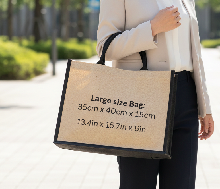 Premium Natural Jute Tote Bag With Black Border & Handles For Corporate Gifting (Large Size) - Dimension (L*W*H): 40.6 12.7 30.5 Centimeter (Cm)