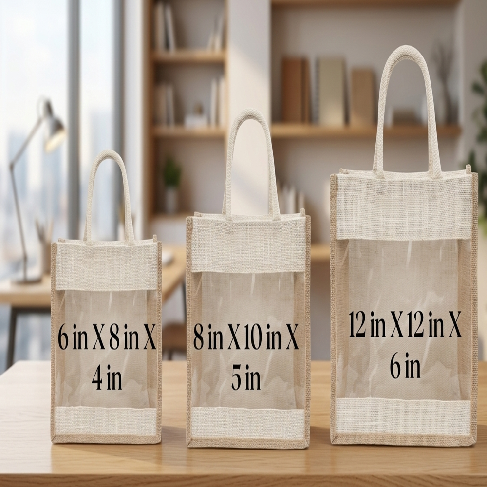 Eco-friendly Transparent Window Jute Tote Bag With Handle - Dimension (l*w*h): Small: 25   10   25 Cm (approx.)  Medium: 30   10   30 Cm (approx.)  Large: 35   12   35 Cm (approx.)  Centimeter (cm)