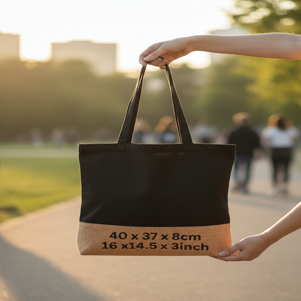 Premium Jute Tote Bag With Cork Base (Black) - Design Type: Two-Tone Contrast (Black & Natural Cork)