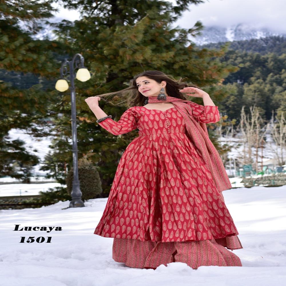 Anarkali Kurti Set Whith Dupatta - Color: Red-yellow-pink-blue-green