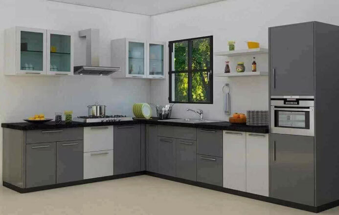 L Shaped PVC Printed Modular Kitchen For Home