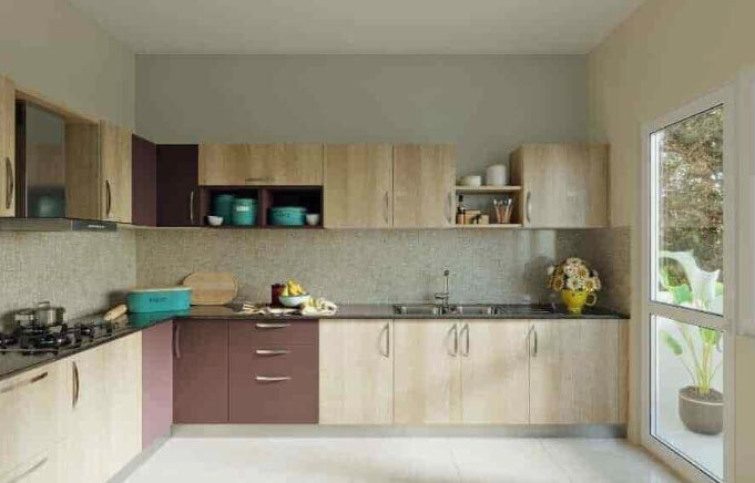 Plywood L Shape Wood Color Modular Kitchen