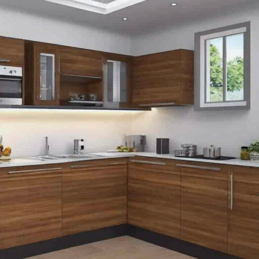 Plywood L Shape Wood Color Modular Kitchen