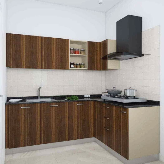 L Shape Wood Color Modular Kitchen