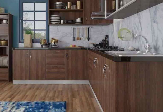 L Shape Wood Color Modular Kitchen