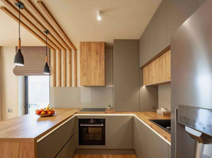 Polished U Shaped Wooden Modular Kitchen For Home