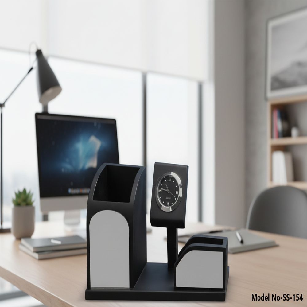 Wooden Table Clock Pen Stand (SS-154)