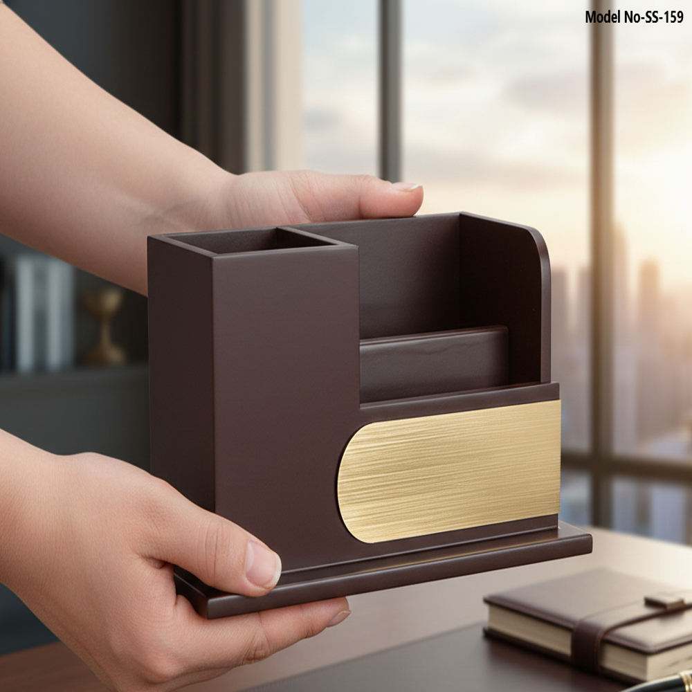 Executive Wooden Desk Organizer With Pen Holder & Business Card Stand (Ss-159) - Dimension (L*W*H): 18 9 10 Centimeter (Cm)