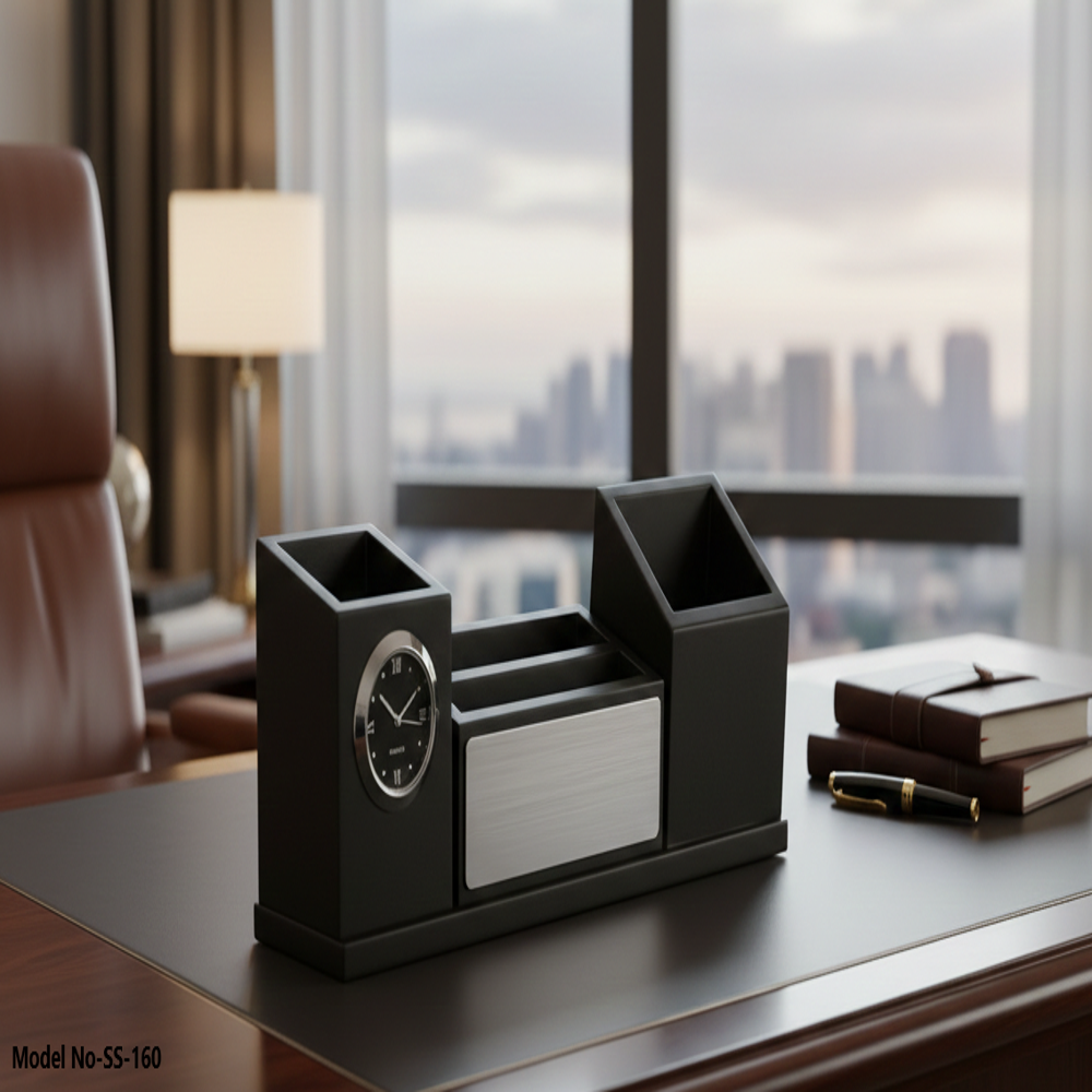 Wooden Desk Organizer With Clock Mobile Stand, Pen Holder & Card Holder (SS-160)