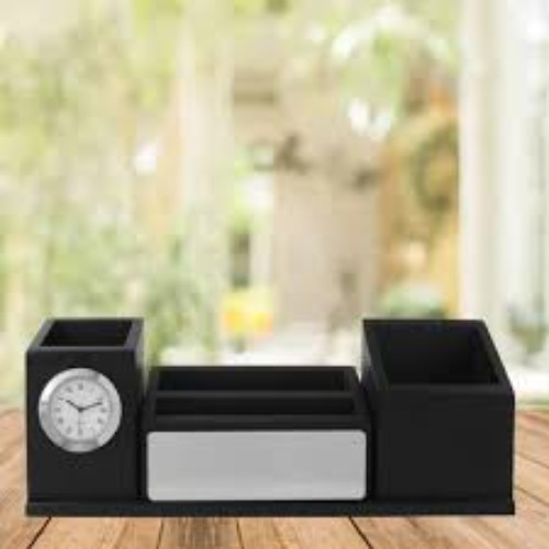 Wooden Desk Organizer With Clock Mobile Stand, Pen Holder & Card Holder (SS-160)