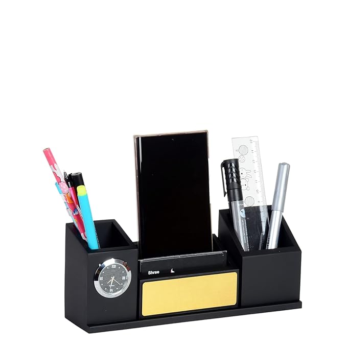 Wooden Desk Organizer With Clock Mobile Stand, Pen Holder & Card Holder (SS-160)