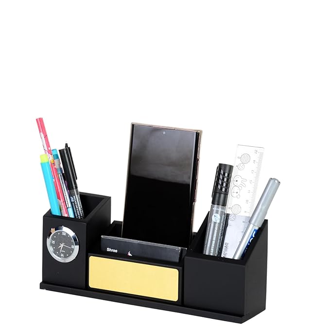 Wooden Desk Organizer With Clock Mobile Stand, Pen Holder & Card Holder (SS-160)