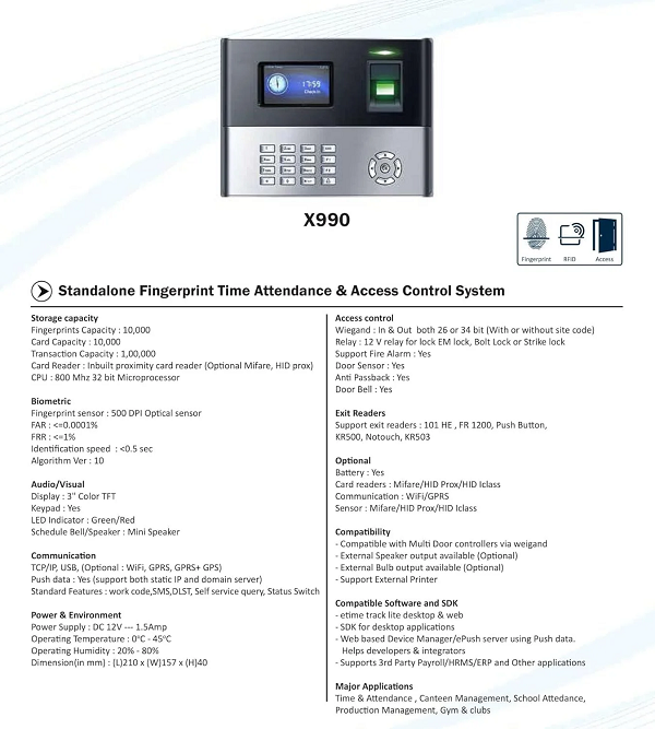 X990 Time Attendance & Access Control System