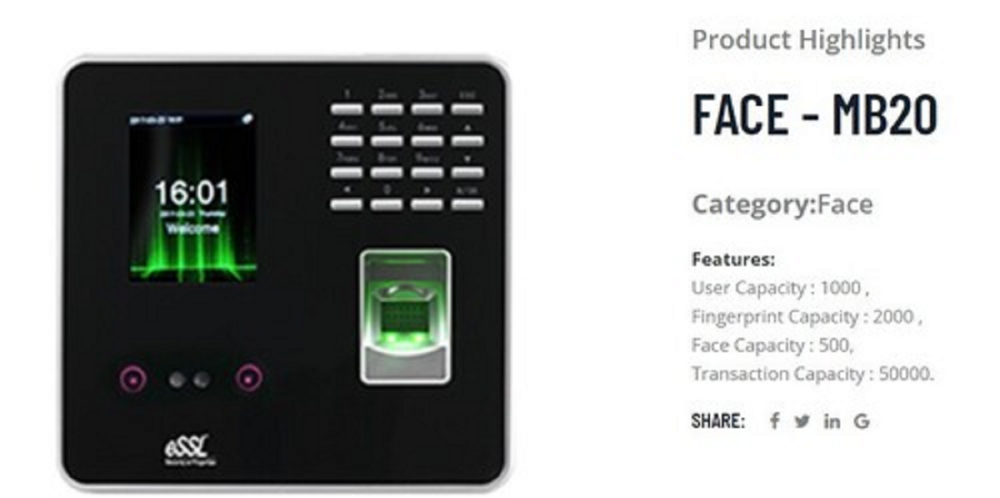 Mb 20 Time Attendance & Access Control - Accuracy: 99.9%  %