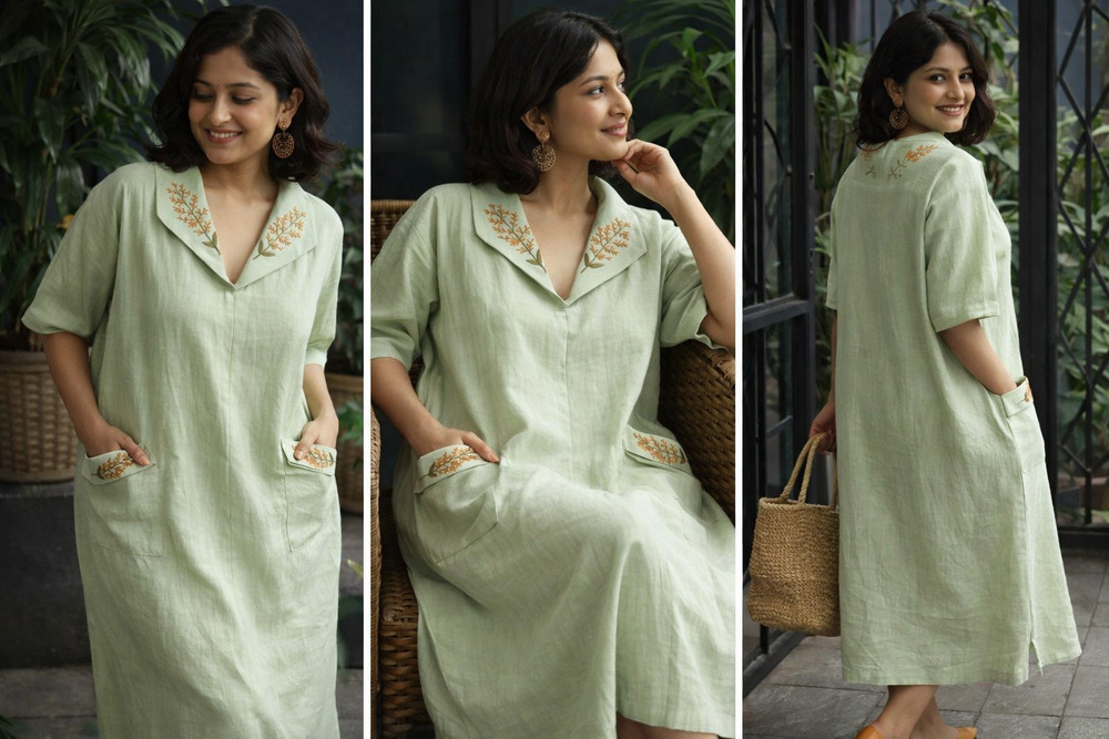 Calf Length Hand Embroidered Cotton Green Dress