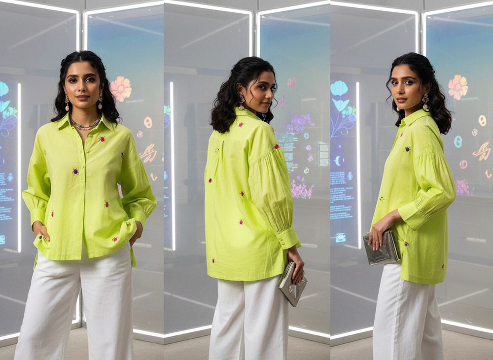 Cotton Nion Green Colour Bugs Embroidered Shirt