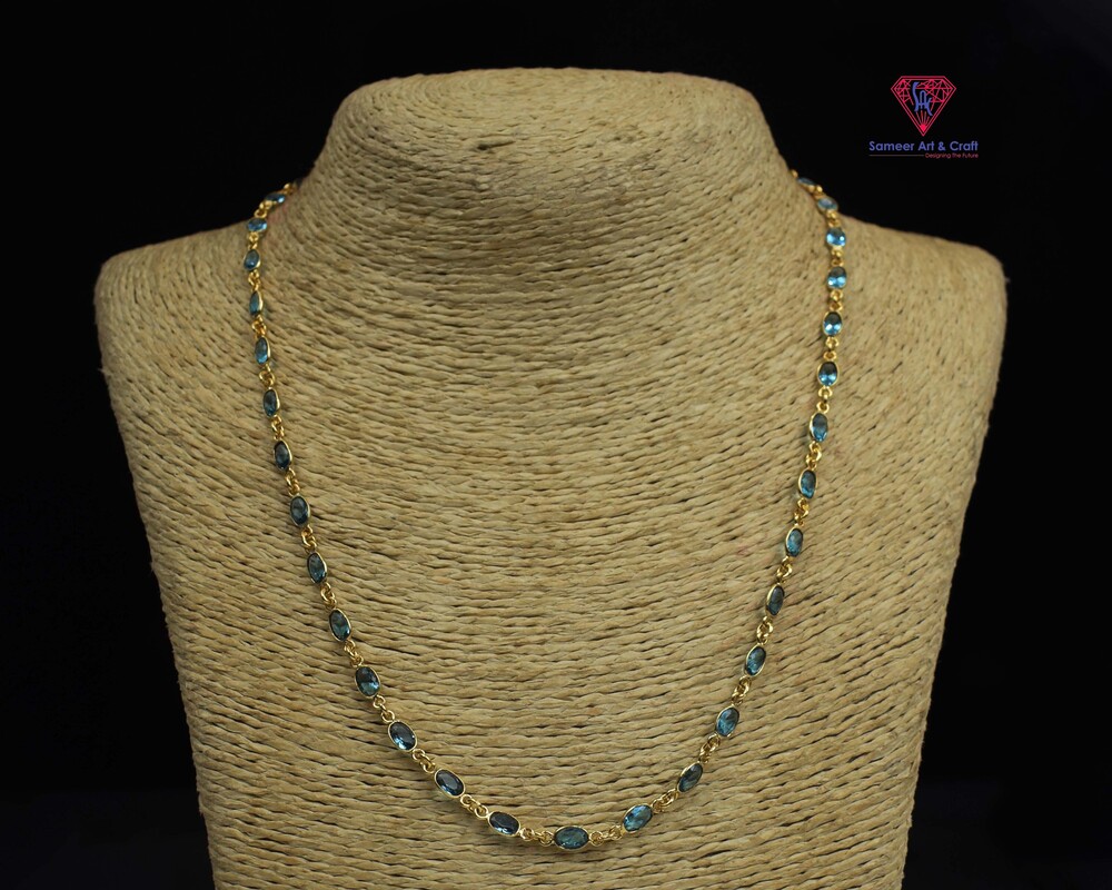Brass With 18k Gold Plated Gemstone Blue Topaz Quartz Necklace