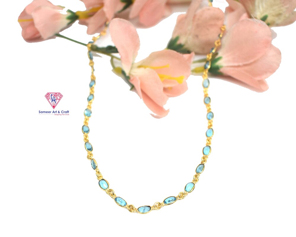 Brass With 18k Gold Plated Gemstone Blue Topaz Quartz Necklace