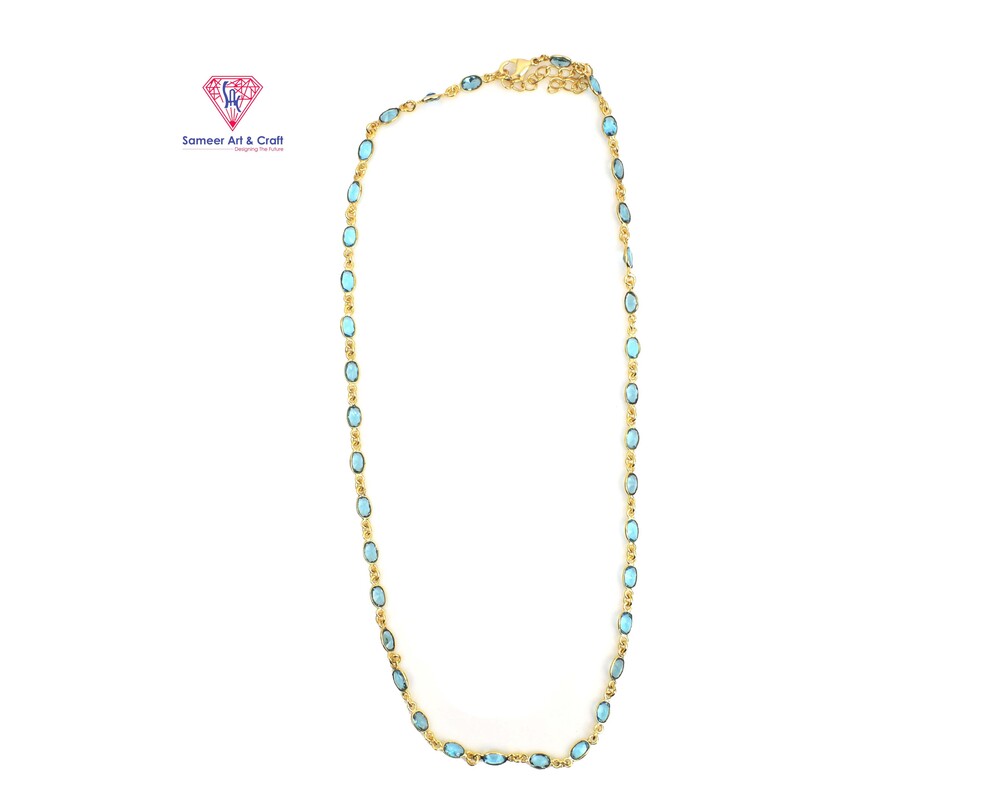 Brass With 18k Gold Plated Gemstone Blue Topaz Quartz Necklace