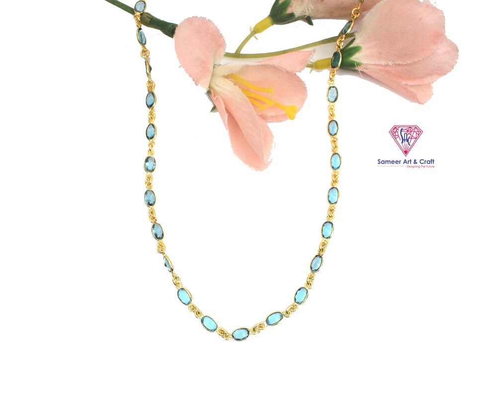 Brass With 18k Gold Plated Gemstone Blue Topaz Quartz Necklace