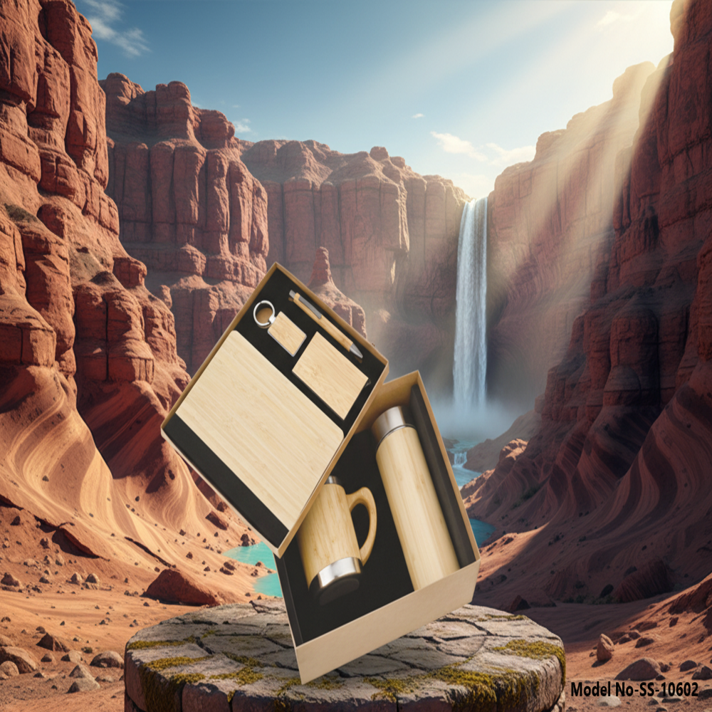 Eco-Friendly Bamboo Finish Corporate Gift Set with Bottle, Mug, Diary, Pen, Keychain & Cardholder. (SS-10602)