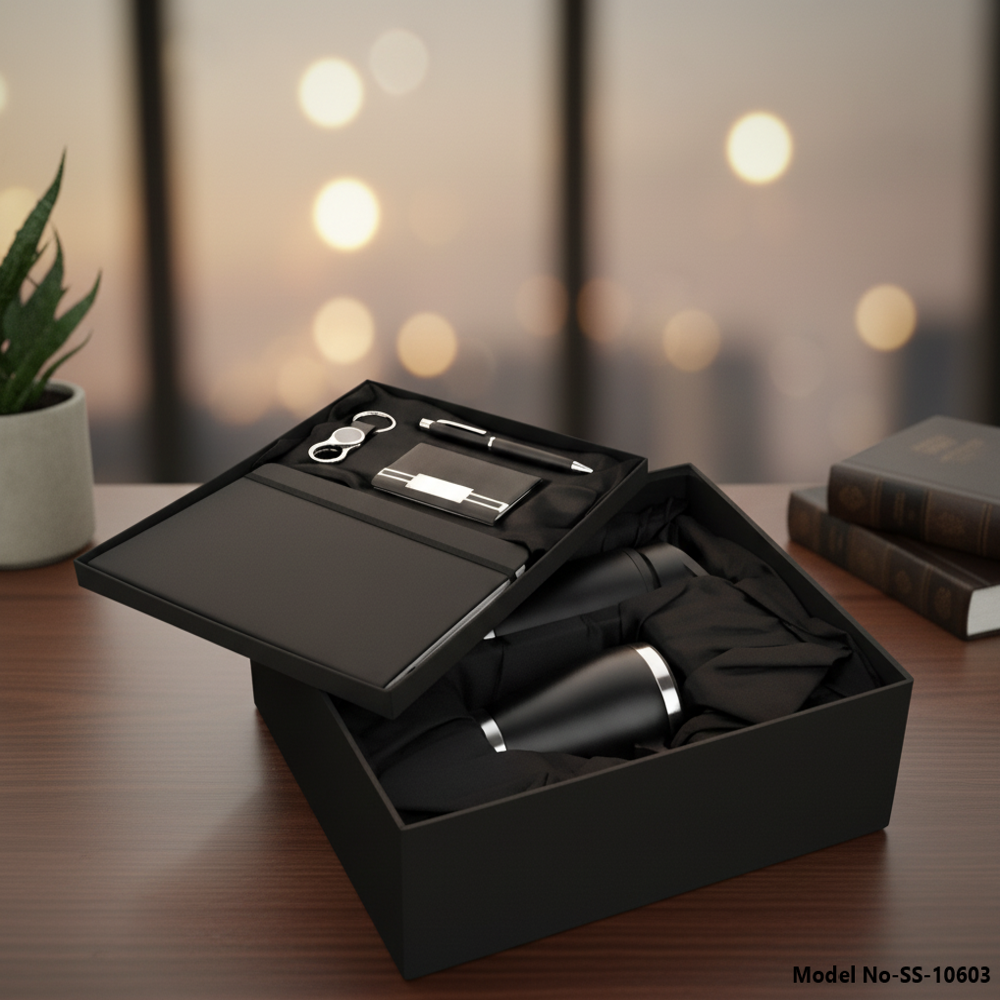 Premium Black Matte Executive Corporate Gift Set with Bottle, Mug, Diary, Pen, Keychain & Cardholder (SS-10603)