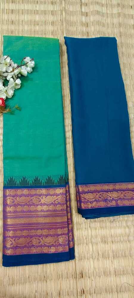 Sea Green And Blue Color Pure Chettinad Cotton Half Saree Sea Green And Blue Color Pure Chettinad Cotton Half Saree