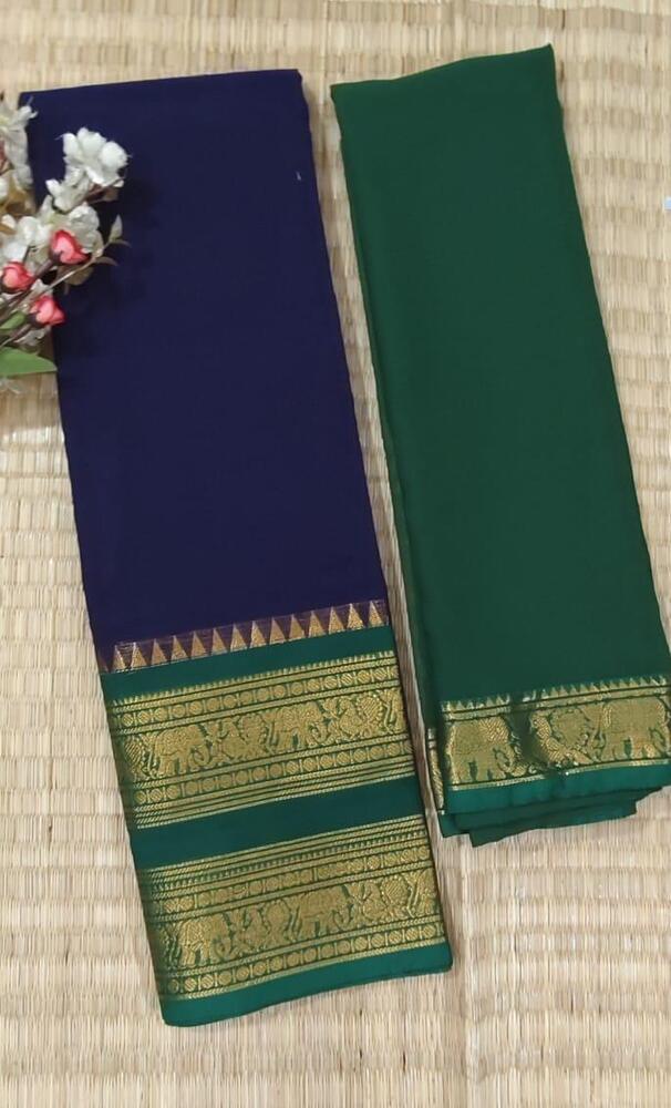 Blue And Dark Green Color Pure Chettinad Cotton Half Saree