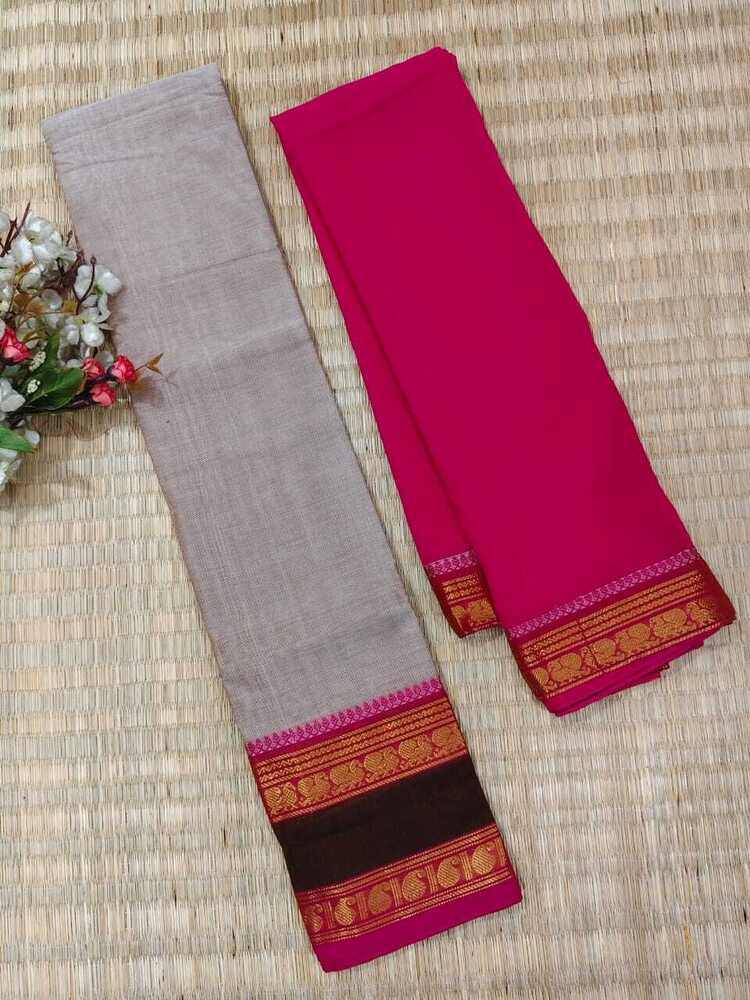 Grey And Pink Color Pure Chettinad Cotton Half Saree